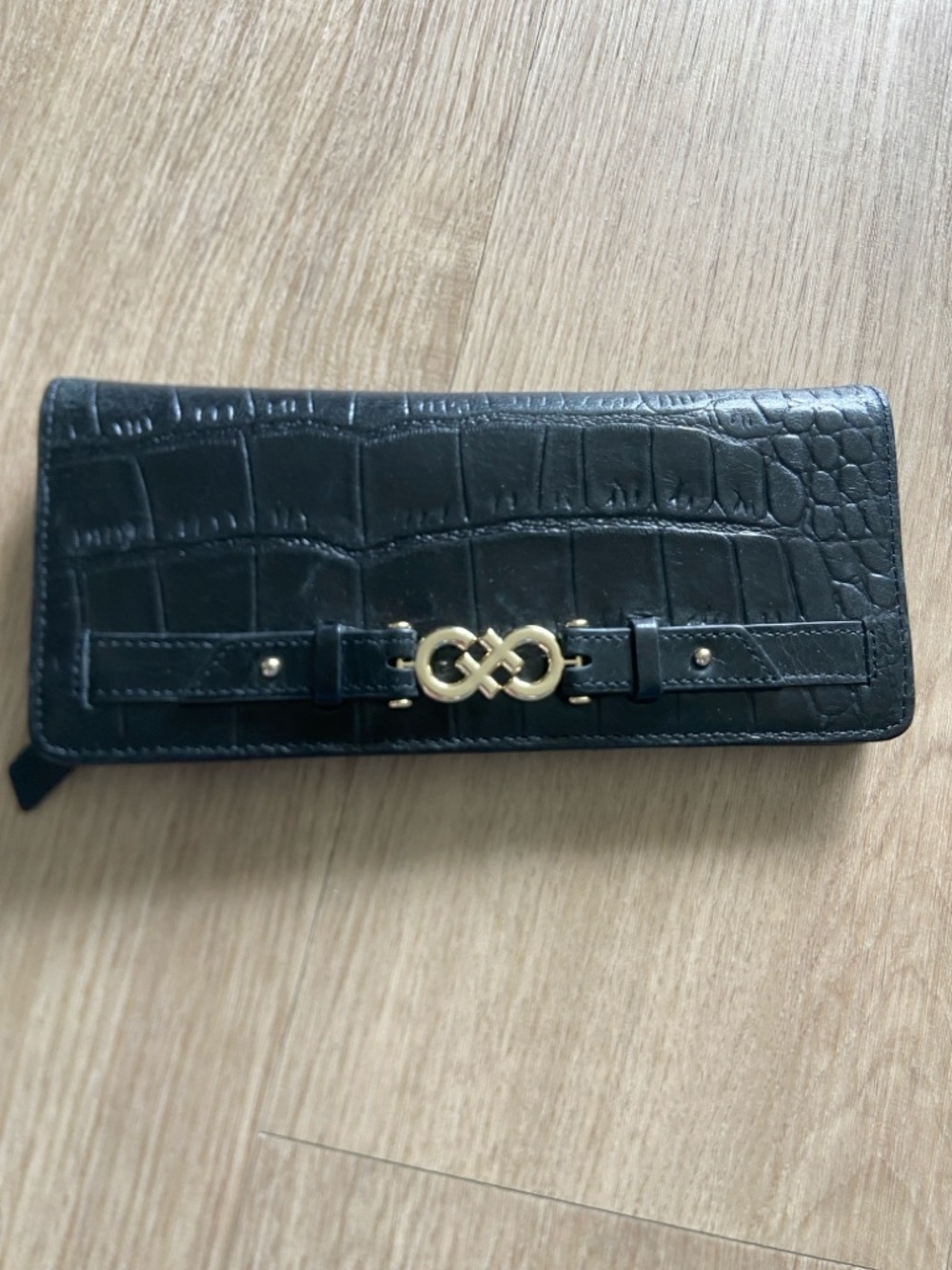 NWOT - Cole Haan Leather Black Croc-Embossed Long Wallet with Gold Accent